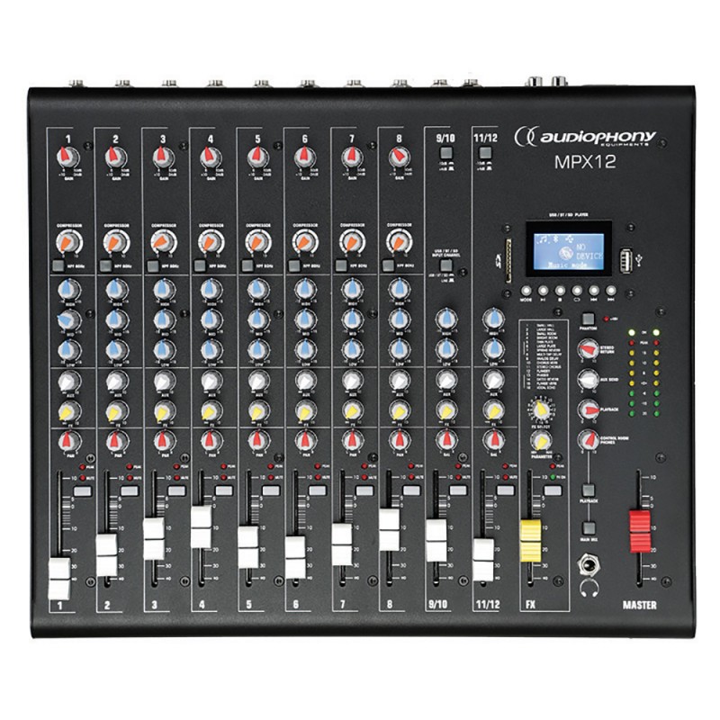 Audiophony MPX12 Mixer 12 CH + Compressor + Effects + USB/ SD/BT Player Mixer 12 CH + Compressor + Effects + USB/ SD/BT Player