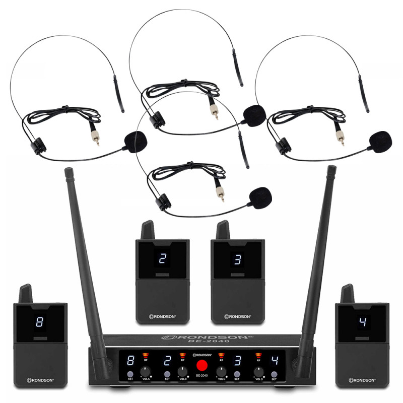 Rondson BE-2040/4BP 4-channel diversity UHF set, 4 bodypack with lavalier and headworn microphones with receiver, 500 - 700 MHz 4-channel diversity UHF set, 4 bodypack with lavalier and headworn microphones with receiver, 500 - 700 MHz