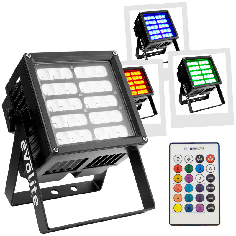 Evolite Architech 150 BAT Battery-powered 30 x 5 W RGB LED architectural projector with reflector system, IP 65 Battery-powered 30 x 5 W RGB LED architectural projector with reflector system, IP 65