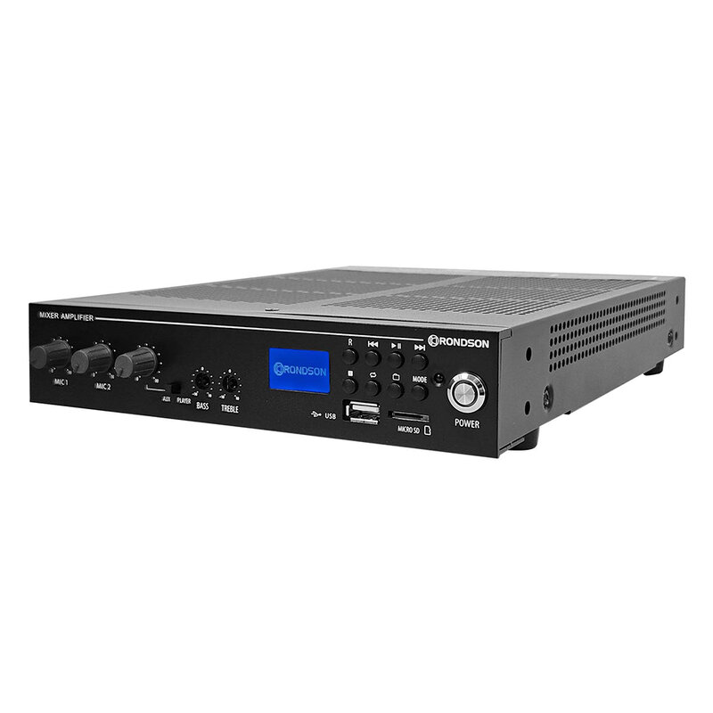 Rondson AM120UB-2 120 W compact receiver mixer, standard 70 / 100 V and 4 ohm operation for low impedance, tuner, USB / SD player and built-in Bluetooth 120 W compact receiver mixer, standard 70 / 100 V and 4 ohm operation for low impedance, tuner, USB / SD player and built-in Bluetooth