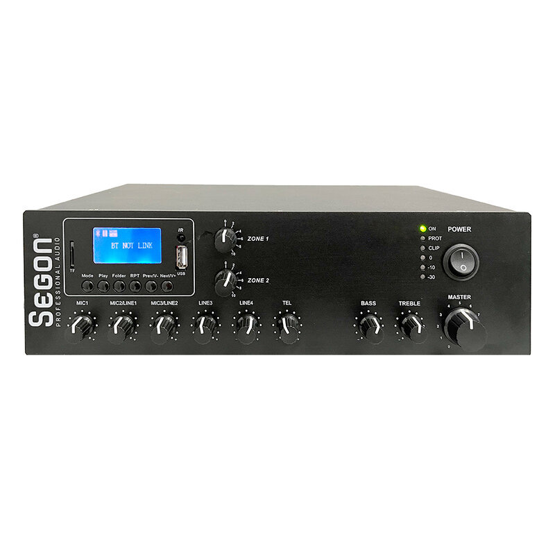 Segon Professional Audio AM-120-2Z 120 W RMS, 2-zone receiver / mixer for 70 / 100 V lines or low impedences, 2 adjustable zones, AM / FM tuner and USB / SD / Bluetooth player, LCD display, remote control 120 W RMS, 2-zone receiver / mixer for 70 / 100 V lines or low impedences, 2 adjustable zones, AM / FM tuner and USB / SD / Bluetooth player, LCD display, remote control